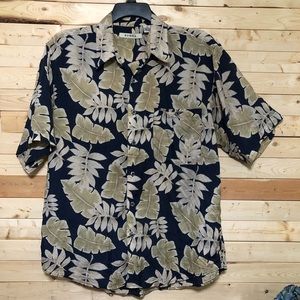 SUMMA Men’s Navy Blue Beige Silk Blend Tropical Print button down shirt size M